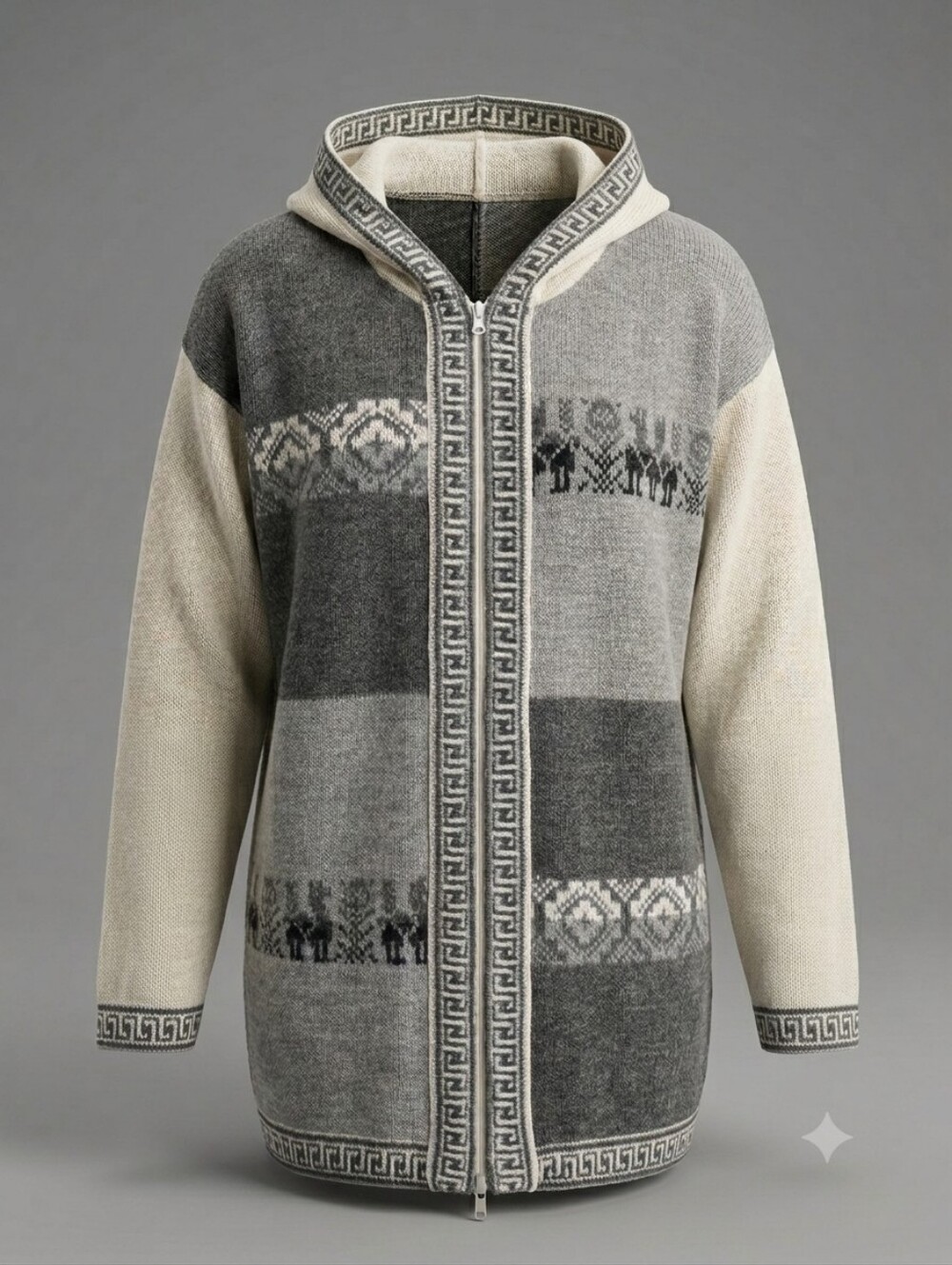 100% Baby Alpaca Hooded Zip Cardigan Fair Isle L/XL